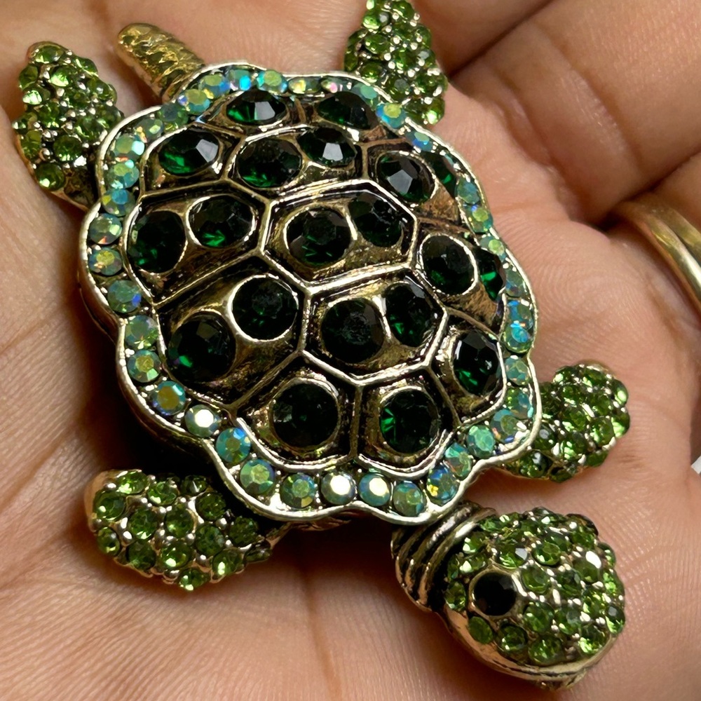 Green Crystal Turtle Brooch - Sparkling Emerald Tones